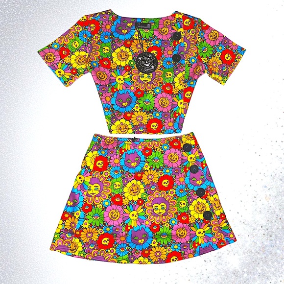 Sourpuss 60’s ‘Daisy Disaster’ Halloween Skull Pumpkin Floral Set NWT 🌈 - Picture 3 of 3